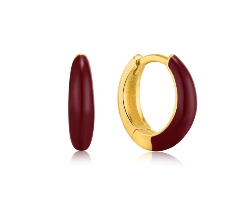 Ania Haie - Claret Red Enamel Gold Sleek Huggie Hoop Earrings - Helen of New York