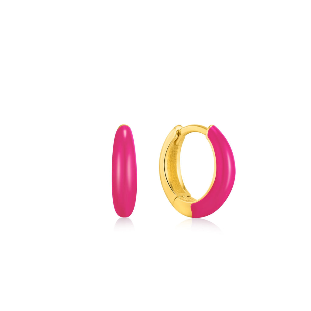 Ania Haie - Neon Pink Enamel Gold Sleek Huggie Hoop Earrings - Helen of New York