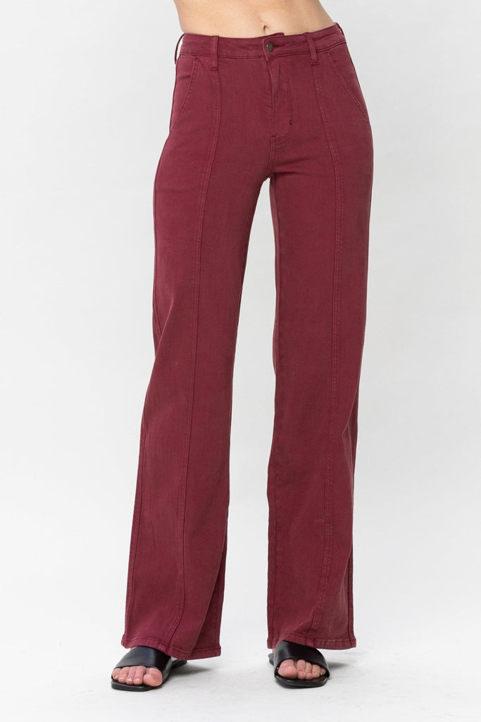 Judy Blue - Plus Size High Waisted Garment Dyed Front Seam Straight - Burgundy - Helen of New York
