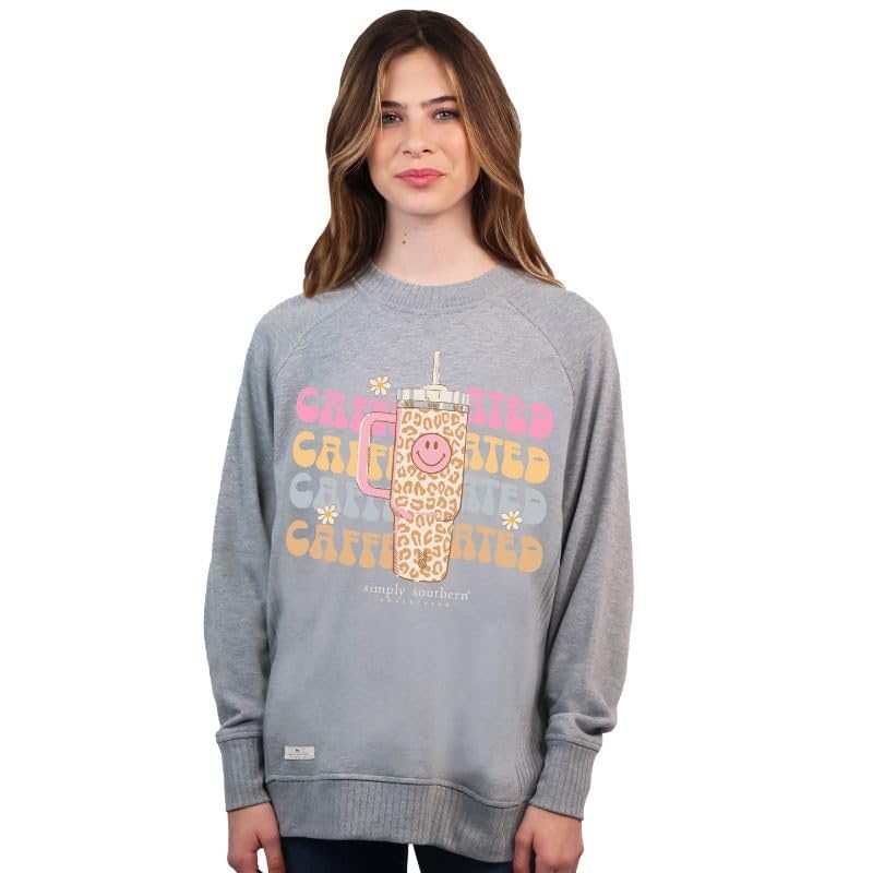 Simply Southern | Caffeinated | Preppy and Stylish Women?s Large Long Sleeve Heather Gray Ribbed Crewneck Sweater - Helen of New York